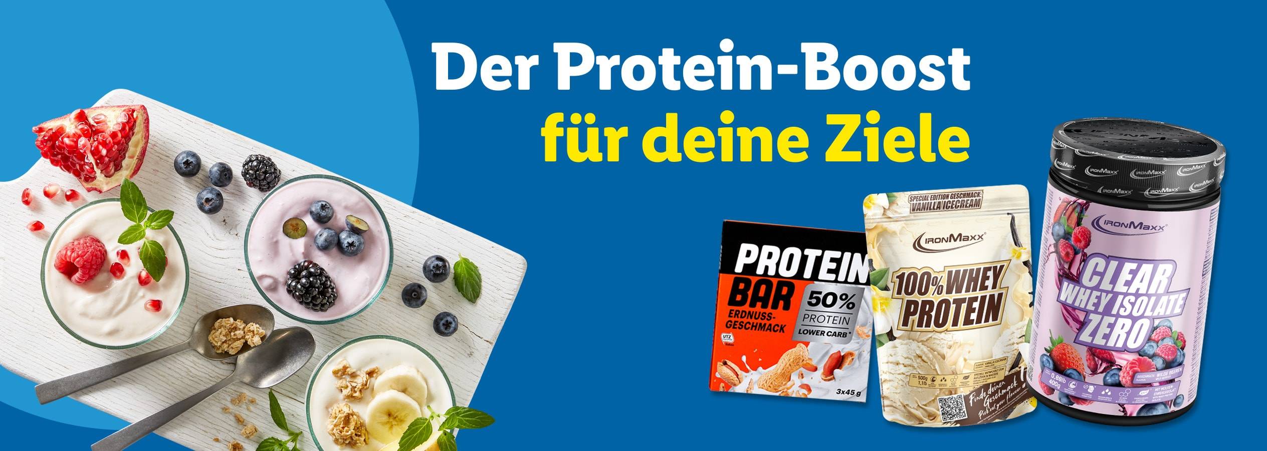 IronMaxx Proteinprodukte: Riegel, Proteinpulver und Molkenisolat.