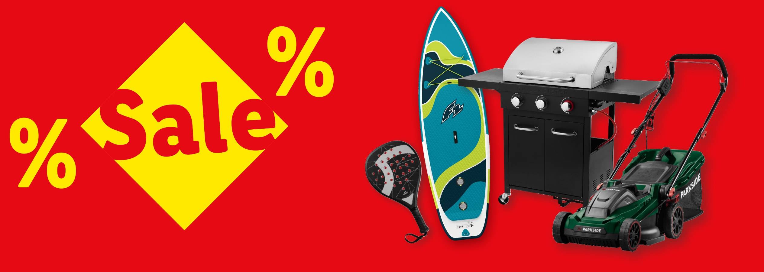 Sale: Grill, Parkside Rasenmäher und Surfbrett im Angebot.