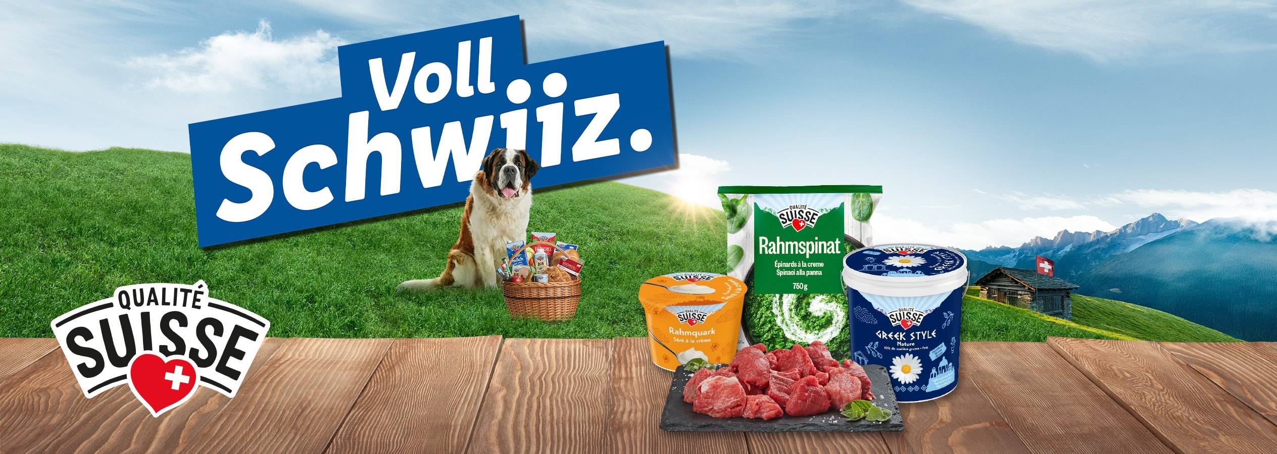 Qualitätsprodukte Suisse: Rahmquark, Rahmspinat und griechischer Joghurt, vor alpiner Kulisse.