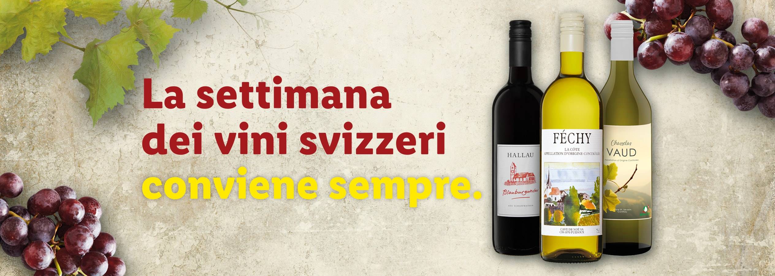 Pubblicità di vini svizzeri con bottiglie di vino rosso e bianco e grappoli d'uva.