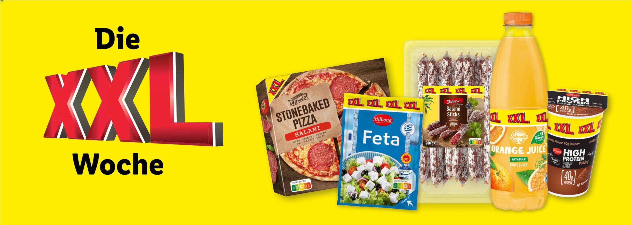 XXL Woche: Pizza, Feta, Salami, Orangensaft und Proteinpudding.