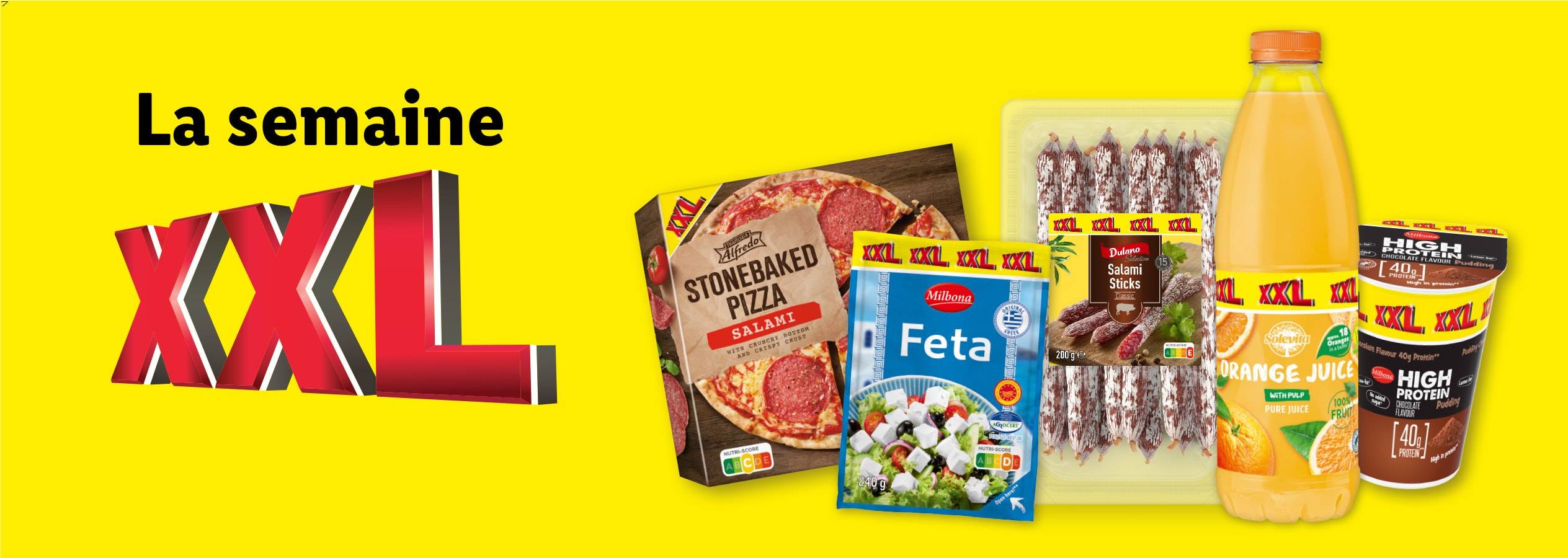 Semaine XXL avec pizza Alfredo, feta Milbona, salami Dulano et jus d'orange Solevita.