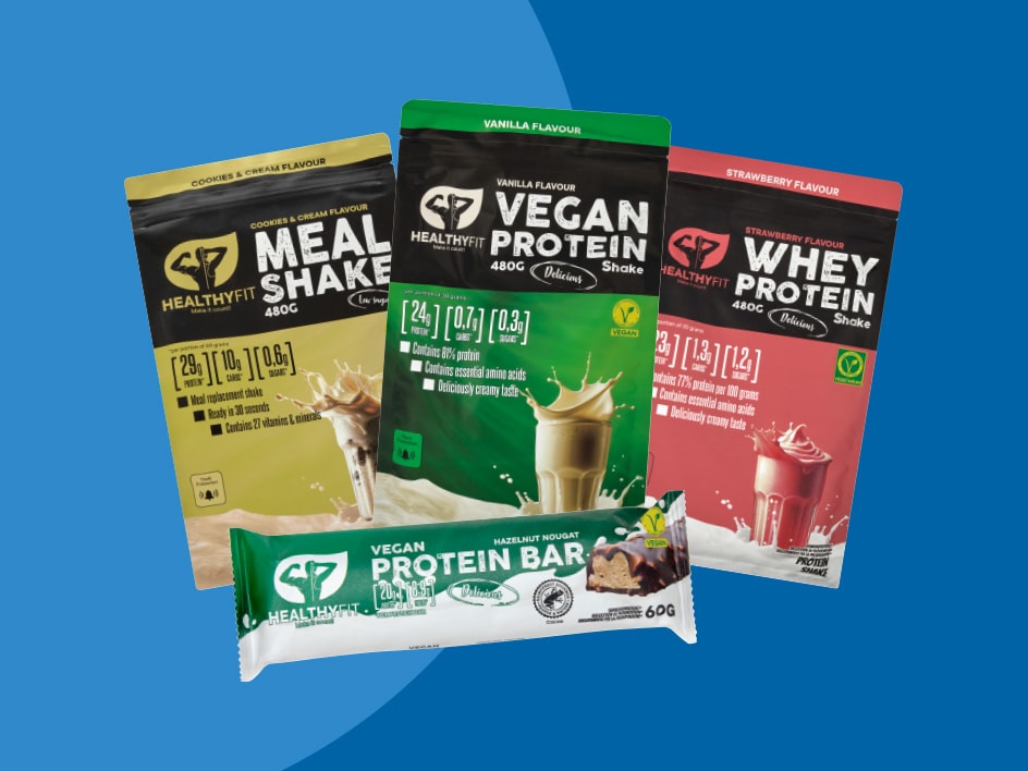 Boissons protéinées HealthyFit : shakes vegan, whey et barre protéinée.