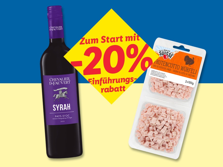 Eine Flasche Syrah Rotwein und Putenwürfel mit 20% Rabatt auf ukrainischem Hintergrund.
