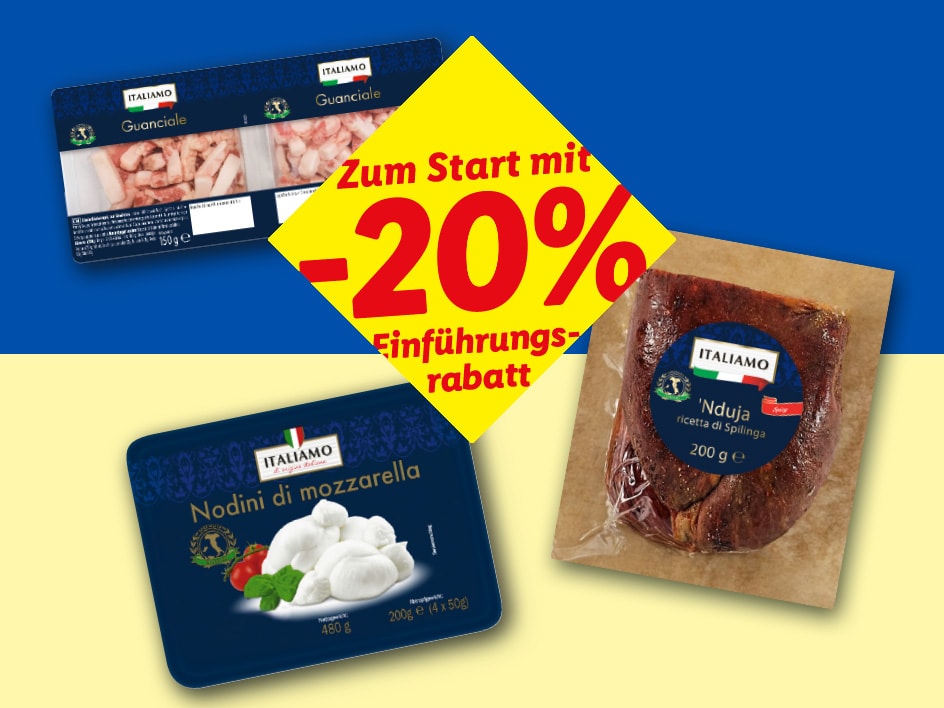 Italienische Lebensmittelprodukte, darunter Guanciale, Mozzarella und 'Nduja, mit 20% Rabatt.