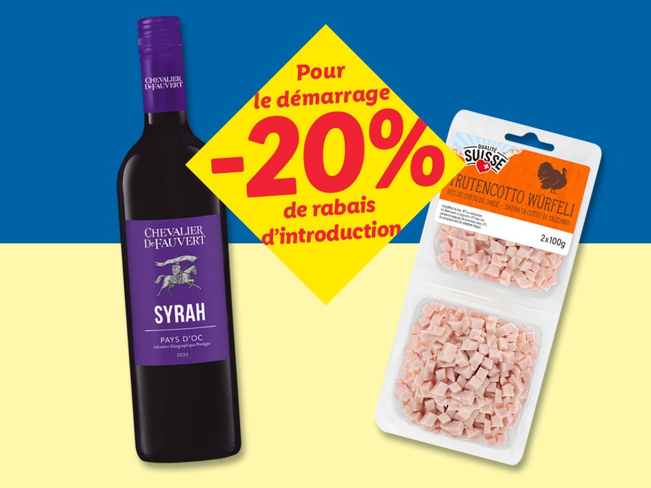 Une bouteille de vin Syrah et des dés de dinde avec une réduction de 20%.
