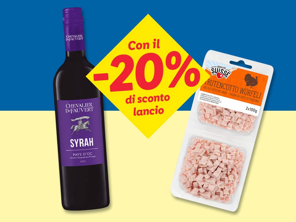 Una bottiglia di vino rosso Syrah e una confezione di cubetti di tacchino con uno sconto del 20%.