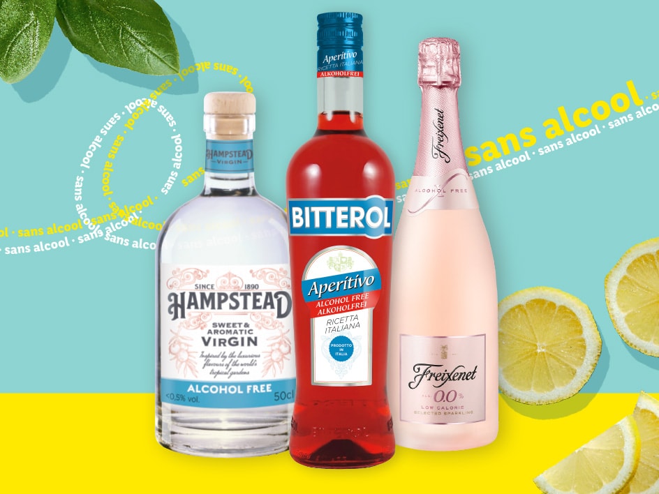 Apéritifs et mousseux sans alcool : Bitterol, Freixenet 0.0% et Hampstead Virgin.
