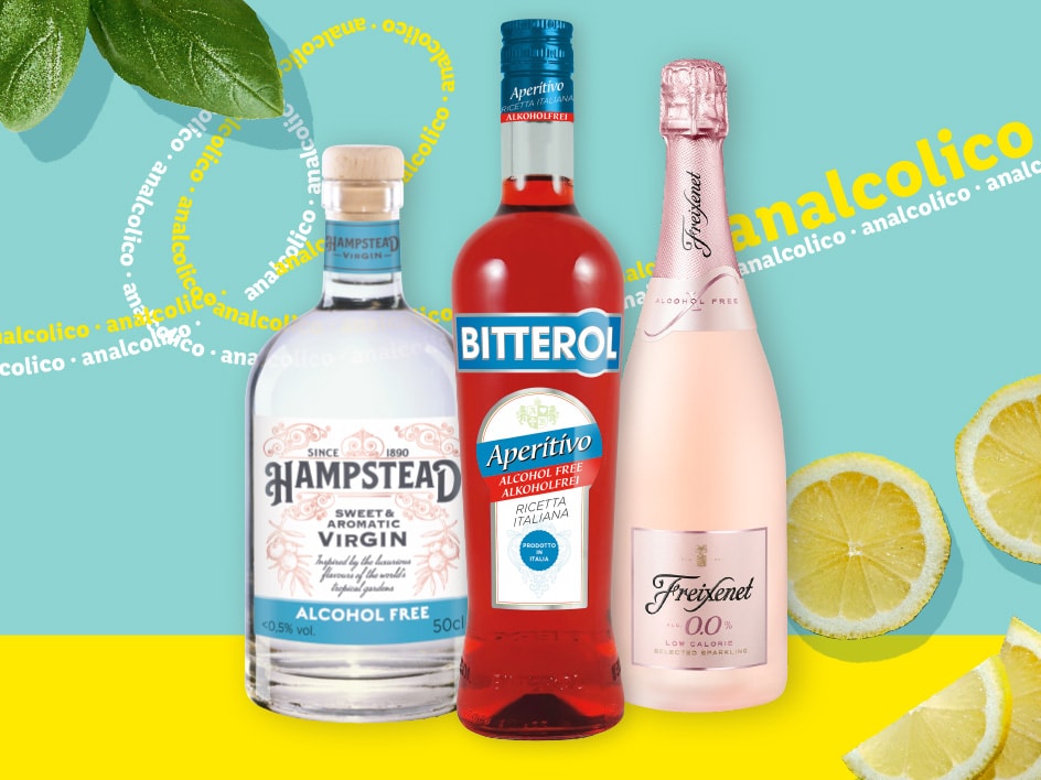Tre bevande analcoliche: Bitterol Aperitivo, Freixenet 0.0% e Hampstead Virgin.