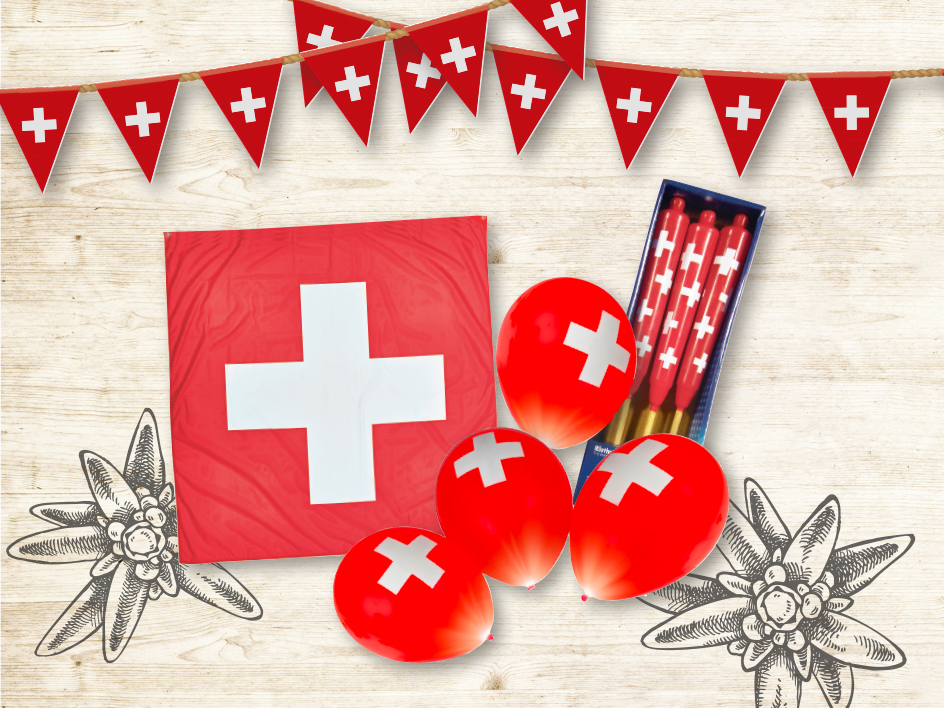Schweizer Festartikel: Flaggen, Ballons und Knaller.
