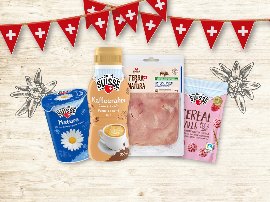 Produits suisses Qualité Suisse : crème, jambon, céréales.