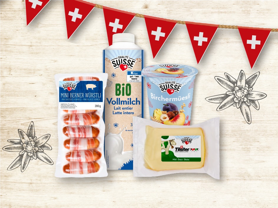 Schweizer Qualitätsprodukte: Mini Berner Würstli, Vollmilch, Birchermüesli und Tilsiter Käse.