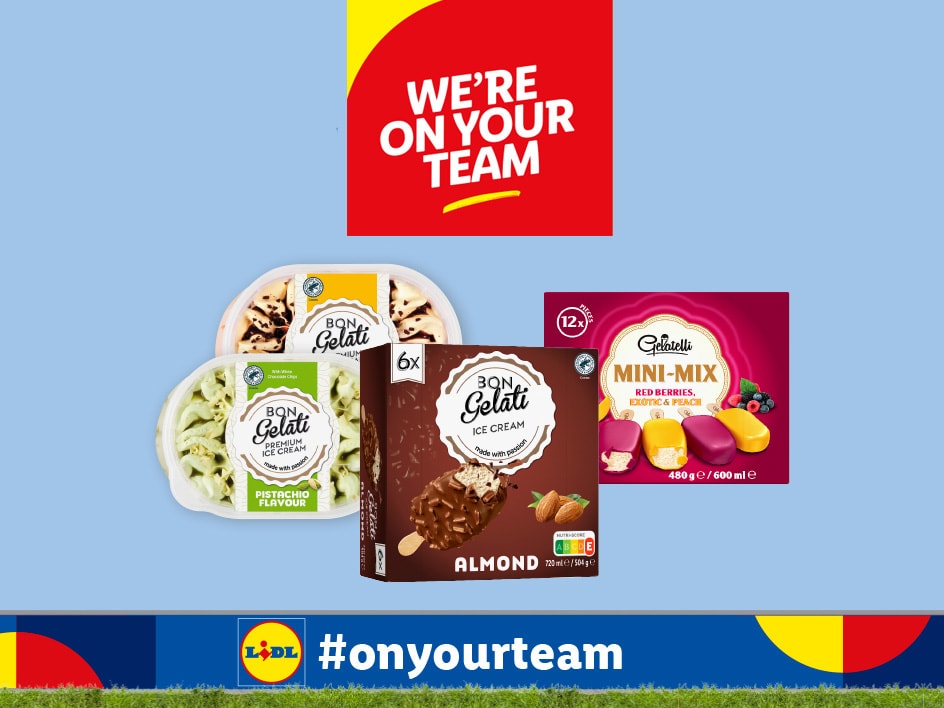 Lidls neue Eiscremes Bon Gelati und Gelatelli Mini-Mix im Fokus mit dem Slogan 'Wir sind für Sie da'.