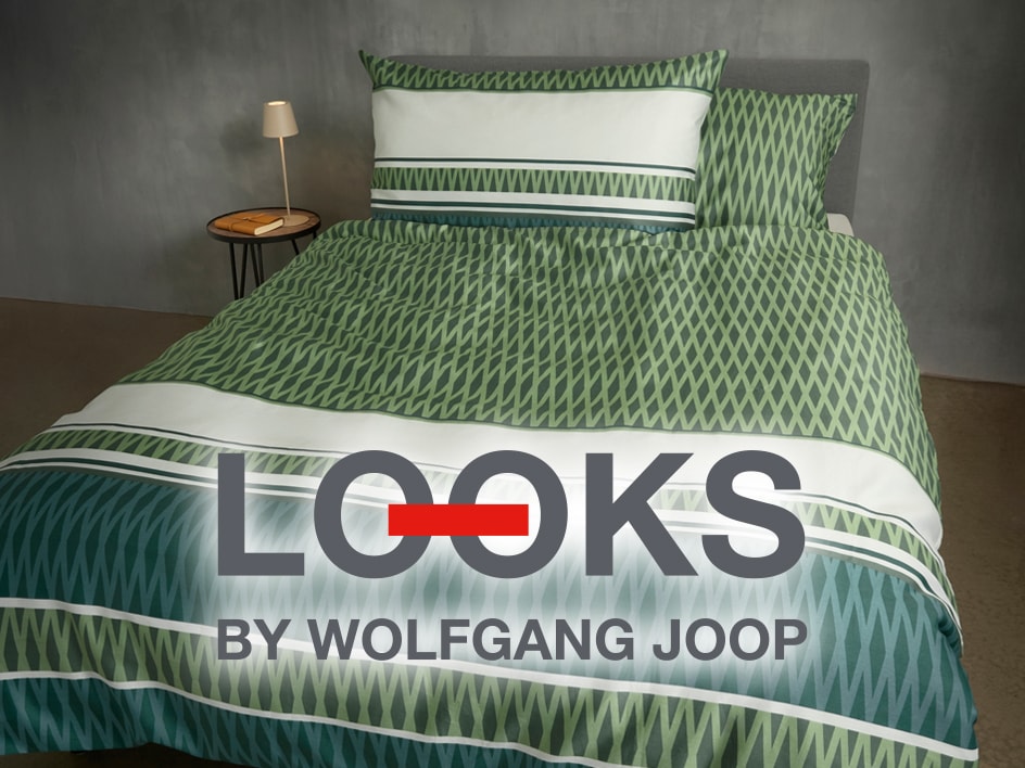 Biancheria da letto verde con motivo geometrico e logo 'LOOKS BY WOLFGANG JOOP'.