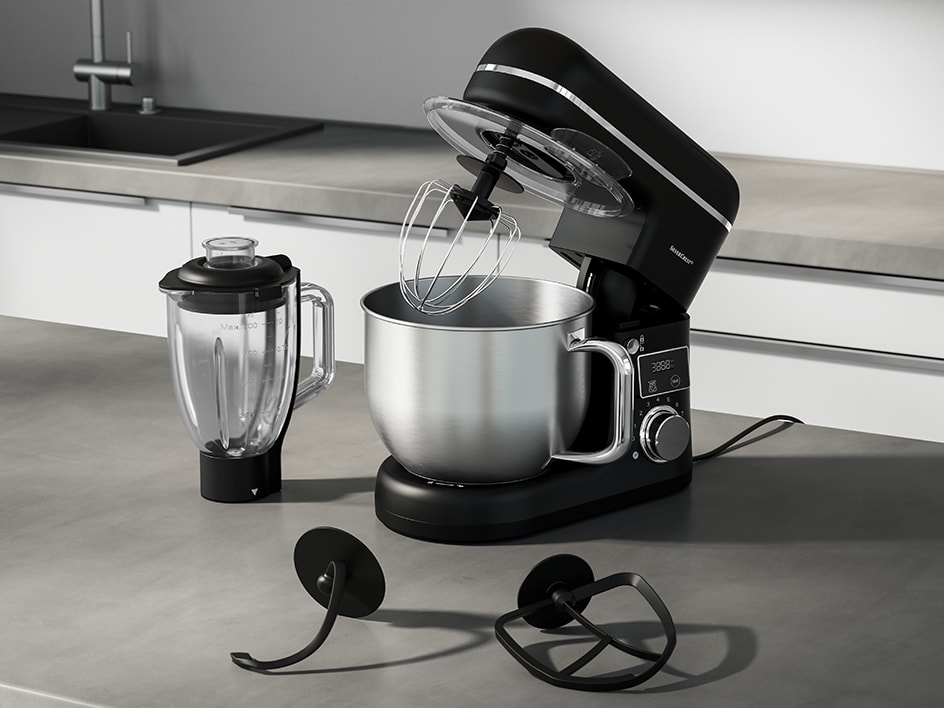 Eine schwarze Sencor Küchenmaschine mit Zubehör und einem Glas-Mixer.