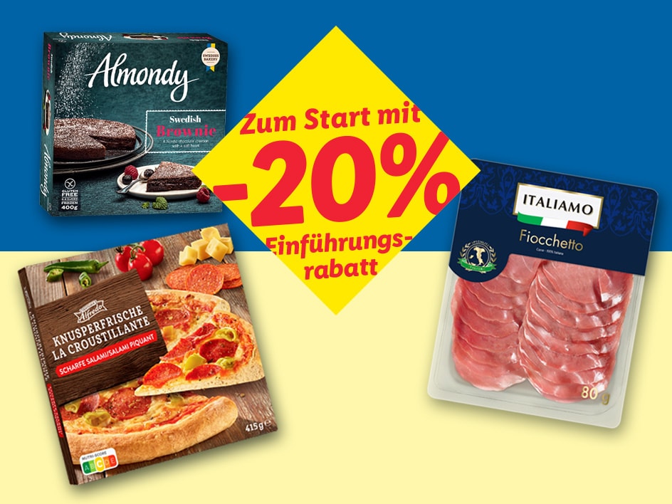Lebensmittel im Angebot: Brownie, Pizza und Aufschnitt, mit 20% Rabatt.