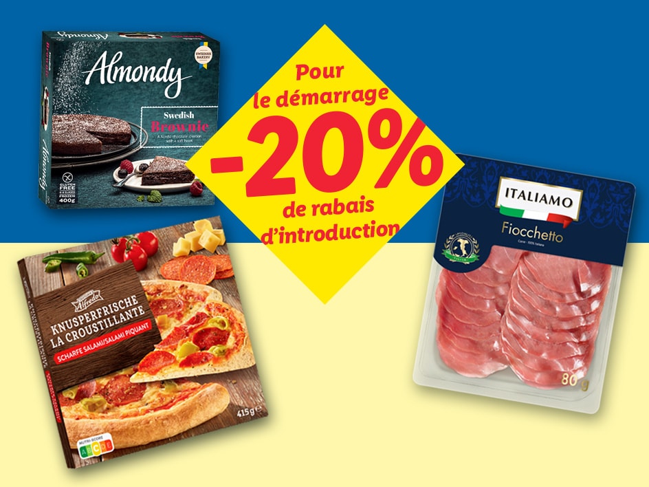 Produits alimentaires avec une réduction de 20%, incluant brownie, pizza et charcuterie.