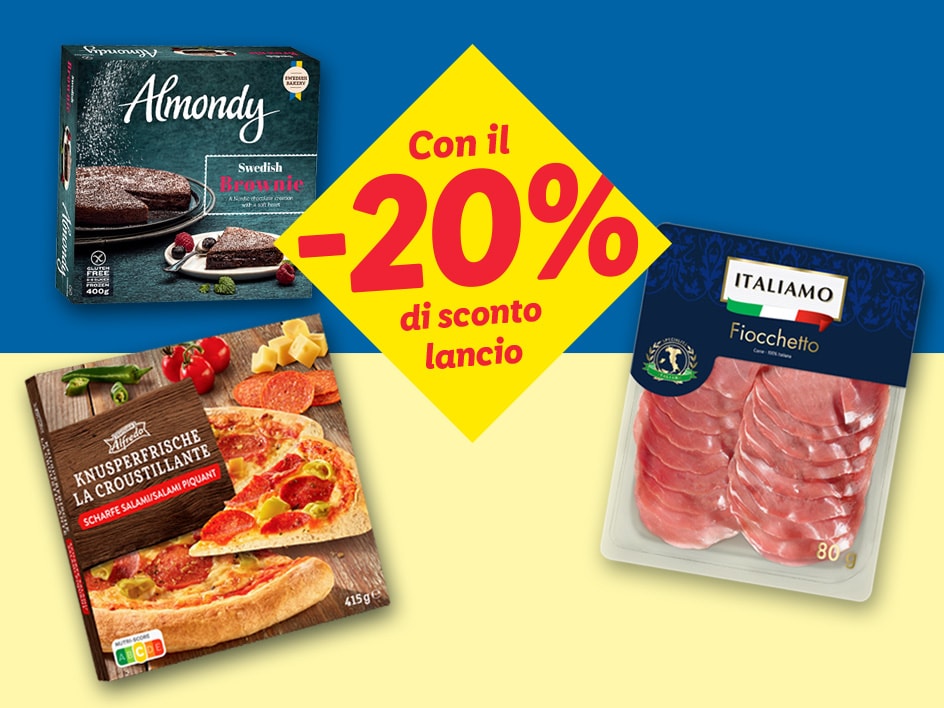 Un'offerta promozionale con brownie svedesi, pizza al salame e fiocchetto di carne, con uno sconto del 20%.