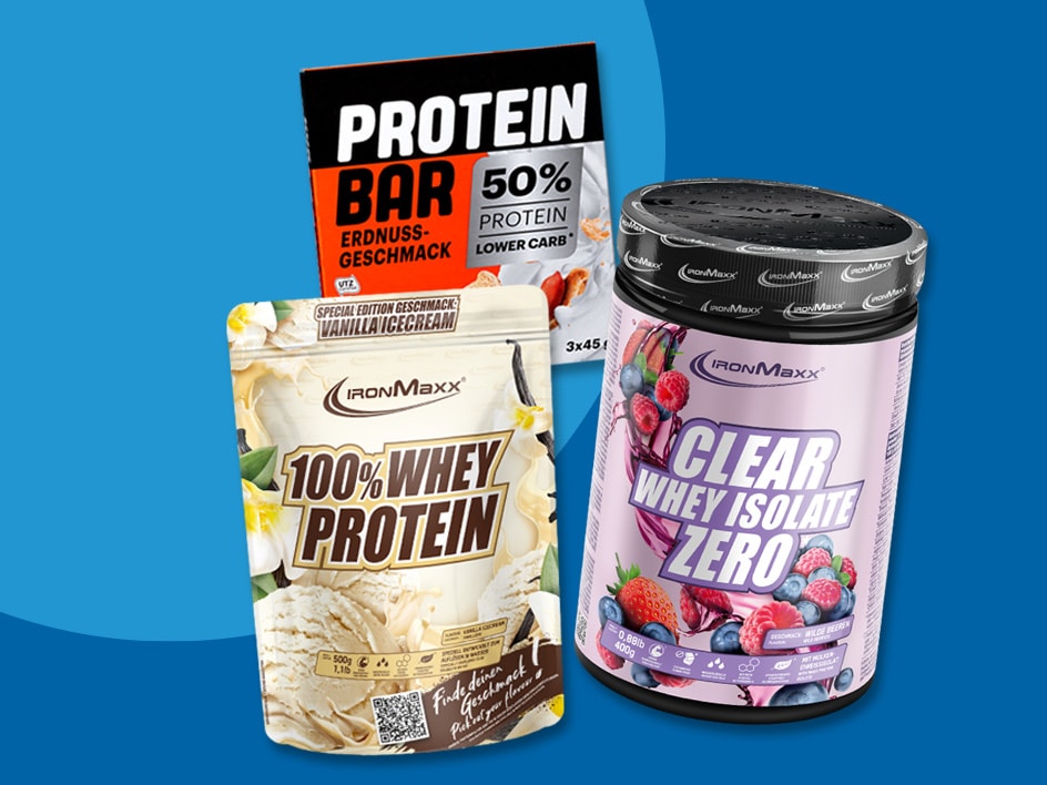 IronMaxx Proteinpräparate: Riegel, Molkenprotein und Molkenisolat.