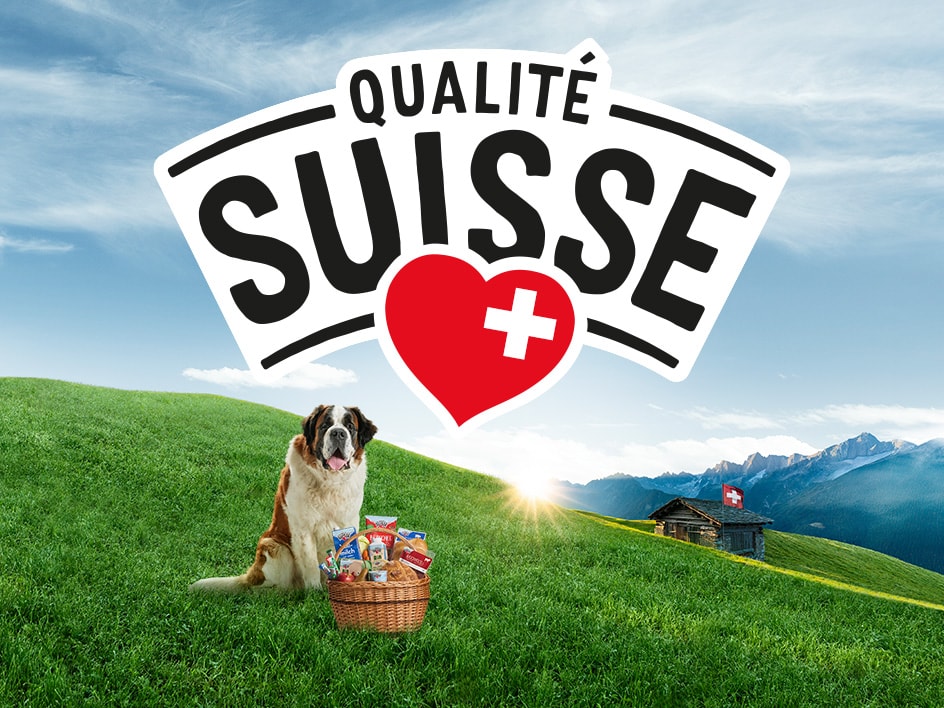 Ein Bernhardiner sitzt auf einer Schweizer Wiese mit einem Korb voller Qualité Suisse-Lebensmittel.