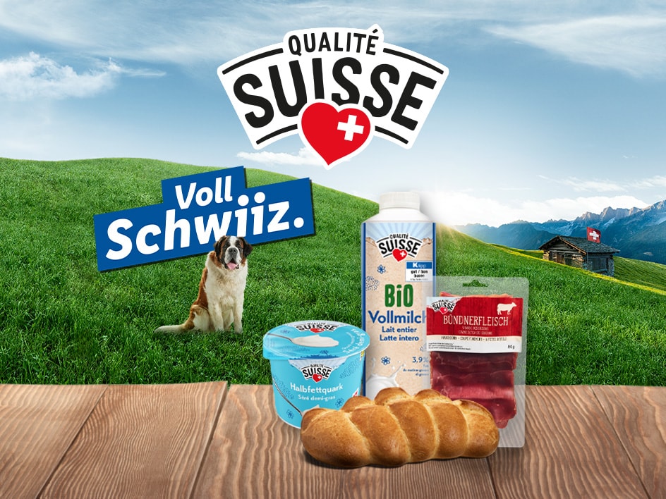 Schweizer Lebensmittel wie Milch, Quark und Bündnerfleisch, mit einem Bernhardiner und Alpenlandschaft.