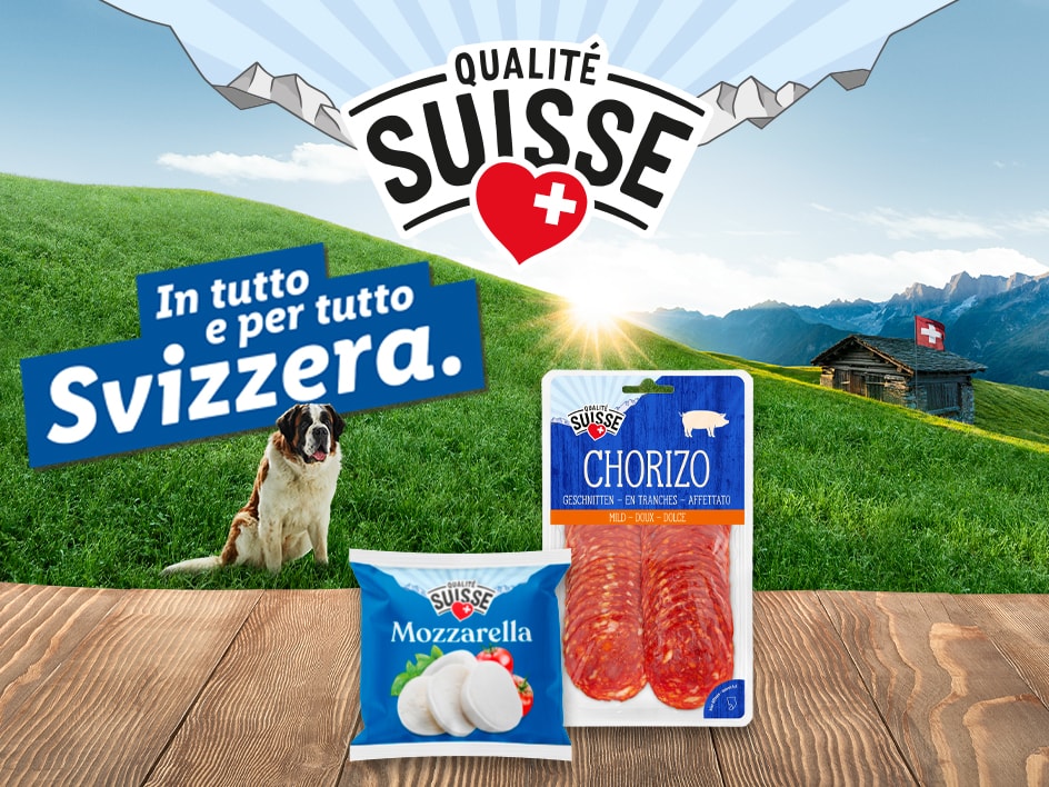 Qualità Suisse: chorizo e mozzarella in uno scenario svizzero.