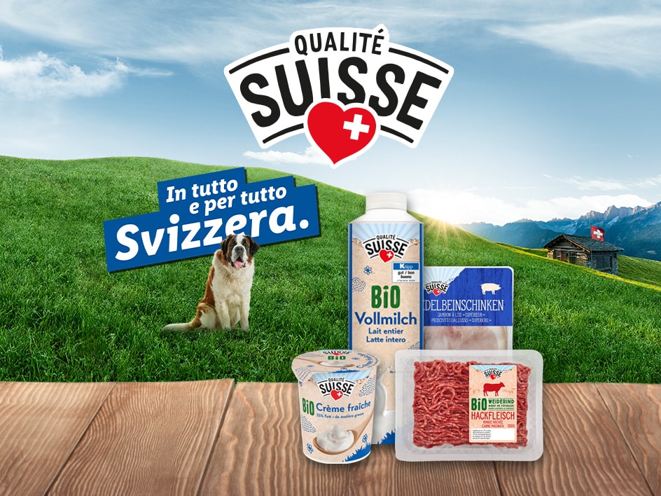 Prodotti Qualité Suisse (latte, carne, prosciutto, panna acida) con un San Bernardo in un paesaggio svizzero.