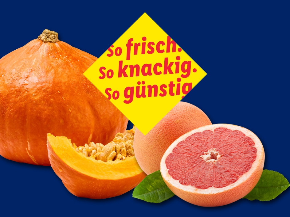Kürbis und Grapefruit auf blauem Hintergrund mit gelbem Werbetext.