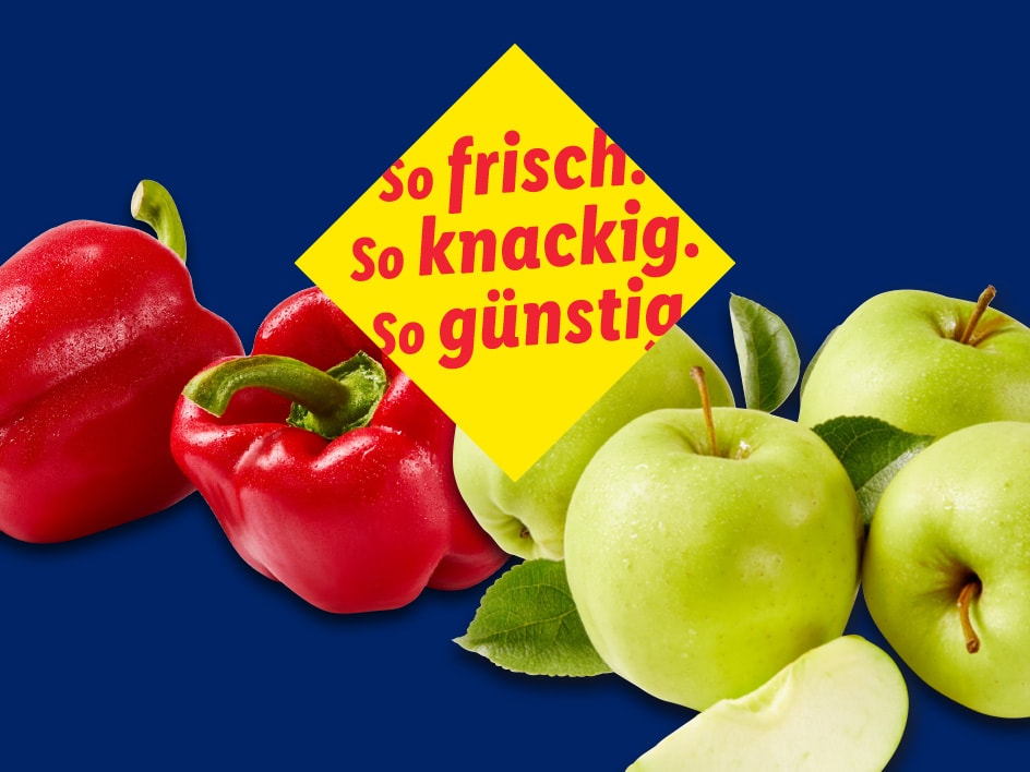 Rote Paprika und grüne Äpfel auf blauem Hintergrund mit Werbetext.