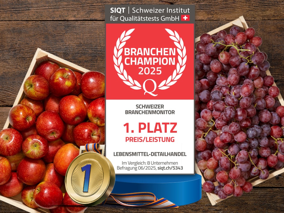 Äpfel und rote Trauben ausgezeichnet als 'Branchenchampion 2025' für bestes Preis-Leistungsverhältnis.