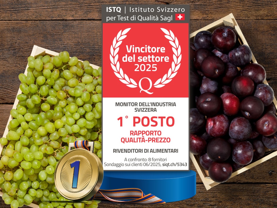 Uva e prugne con un premio che indica il vincitore del settore 2025 per il rapporto qualità-prezzo.
