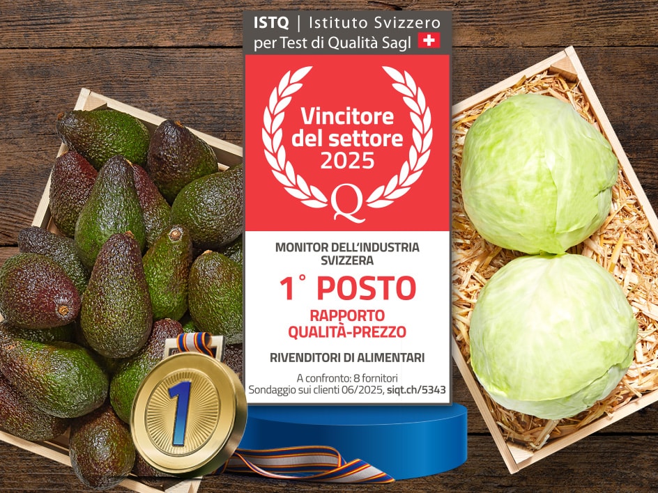 Avocado e cavoli in cassette di legno con un premio per il miglior rapporto qualità-prezzo.