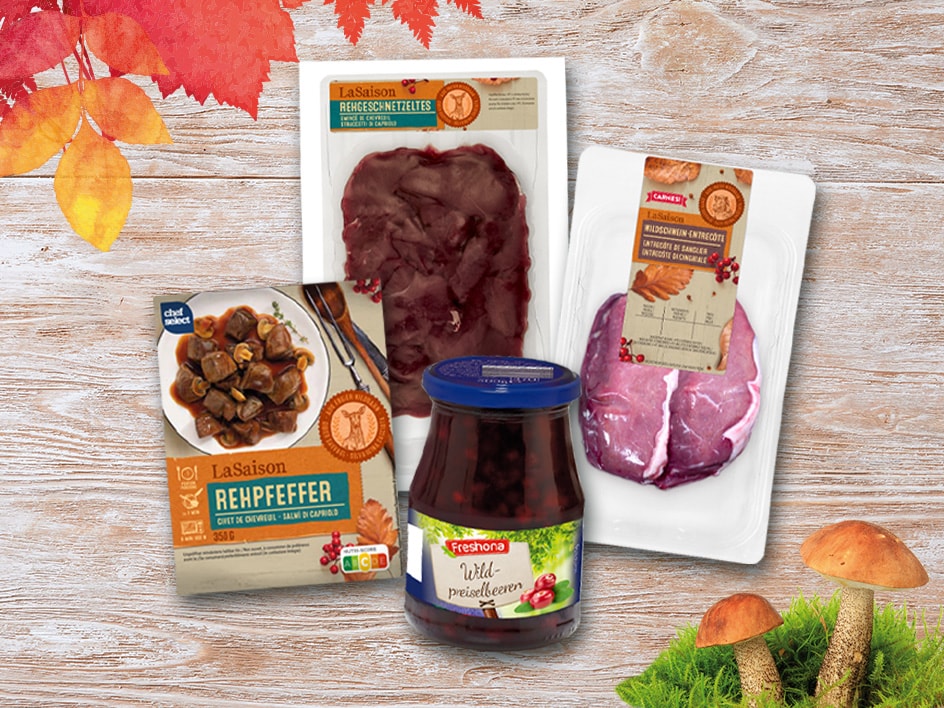 Verpackte Wildprodukte, darunter Fleisch, Eintopf und Preiselbeermarmelade.