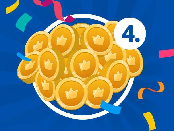 Monete d'oro con corone e coriandoli su sfondo blu, con il numero 4.