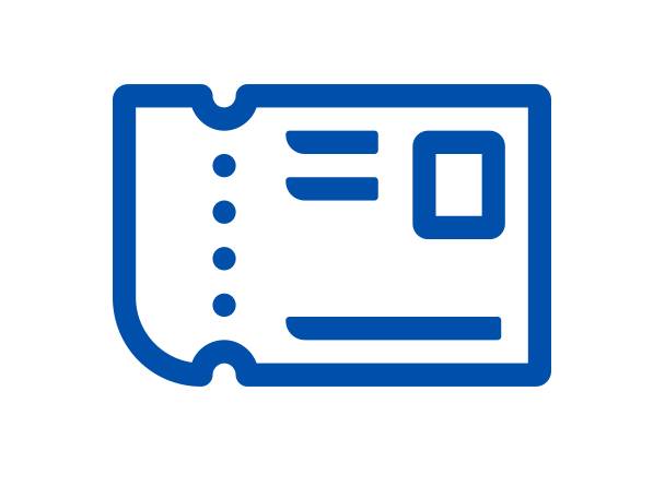 Symbol eines blauen Tickets oder Gutscheins mit Perforationslinie und Details.
