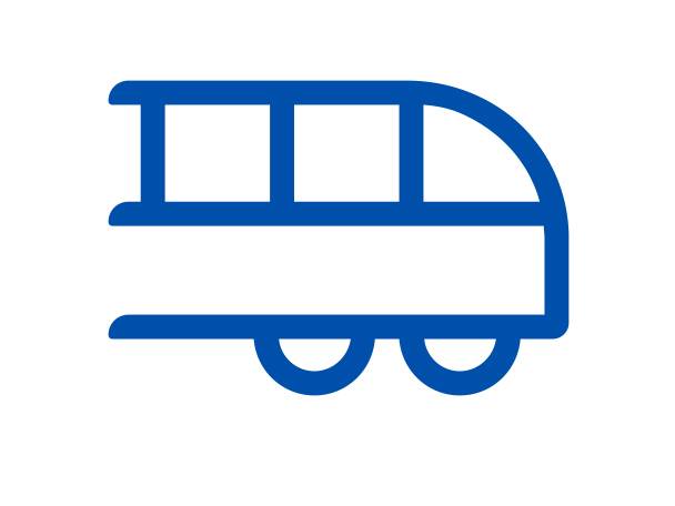 Stilisierte blaue Ikone eines Zuges oder einer Straßenbahn mit Fenstern und Rädern.