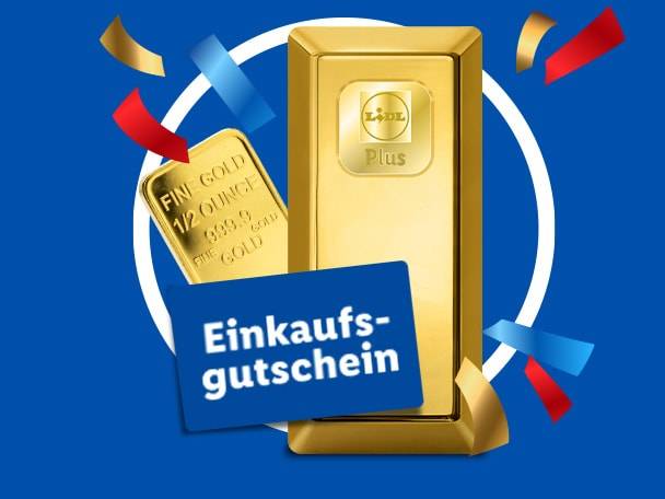 Goldbarren und Einkaufsgutschein auf blauem Hintergrund mit Konfetti.