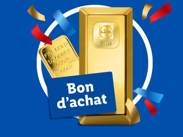Lingots d'or et bon d'achat sur fond bleu avec des confettis.