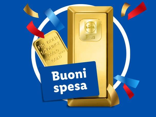Lingotti d'oro e buoni spesa su sfondo blu con coriandoli.