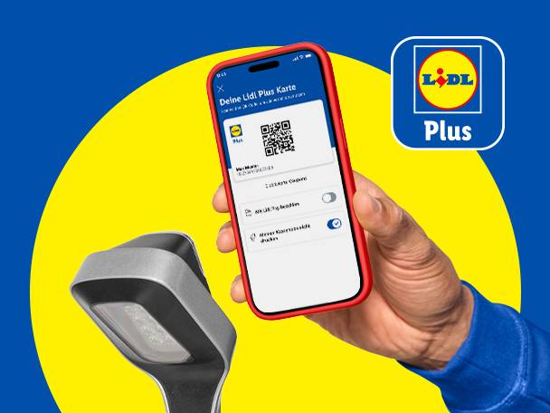 Hand hält Smartphone mit digitaler Kundenkarte vor Scanner, mit Plus-Logo im Hintergrund.