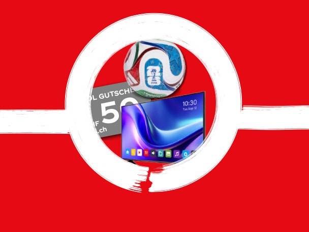 Ein Fußball, ein 50-Gutschein und ein Tablet auf rotem Hintergrund mit weißem Kreis.