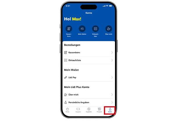 Screenshot der mobilen App mit dem Benutzerkontomenü, das Optionen wie Bestellungen und Wallet anzeigt.