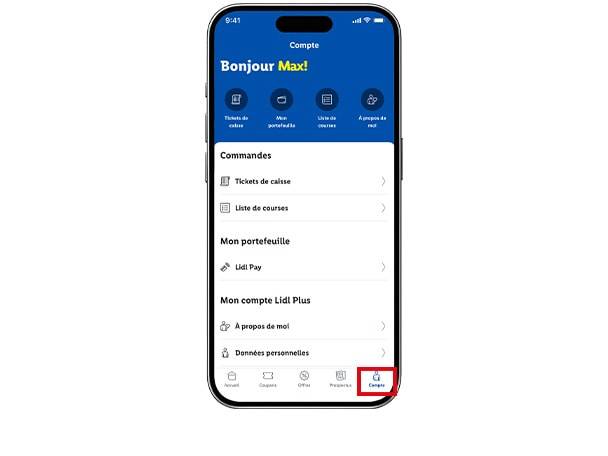 Écran de smartphone affichant l'application Lidl Plus, montrant la section Compte avec commandes et données personnelles.