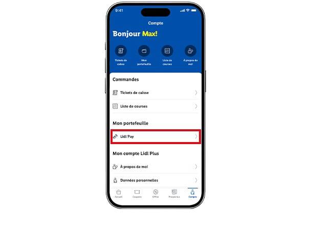 Écran de smartphone affichant l'application Lidl Plus, mettant en évidence la section 'Mon portefeuille' et 'Lidl Pay'.