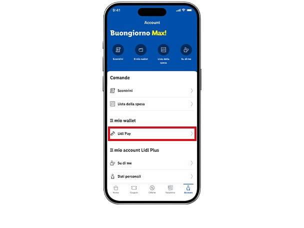 Schermata dello smartphone con la pagina dell'account di un'app, con 'Lidl Pay' evidenziato.