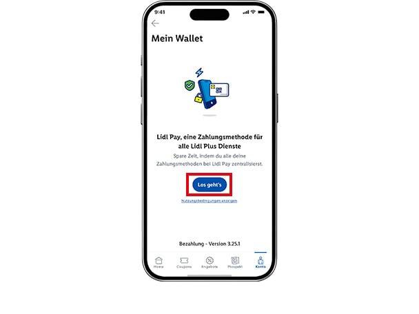 Bildschirm der mobilen App, der den Bereich „Mein Wallet“ mit der Lidl Pay-Option zeigt.