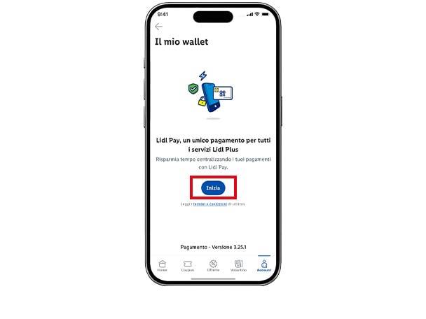Uno smartphone che mostra la schermata di un'app di portafoglio digitale con un pulsante « Inizia ».