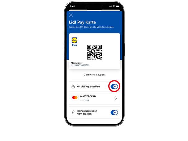 Smartphone-Bildschirm zeigt eine digitale Kundenkarte mit QR-Code und Zahlungsoptionen.