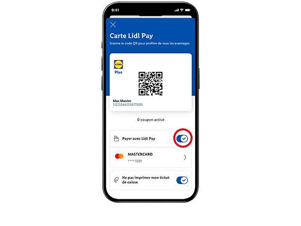 Schermata dello smartphone che mostra l'app Lidl Pay con codice QR, dati cliente e opzioni di pagamento.