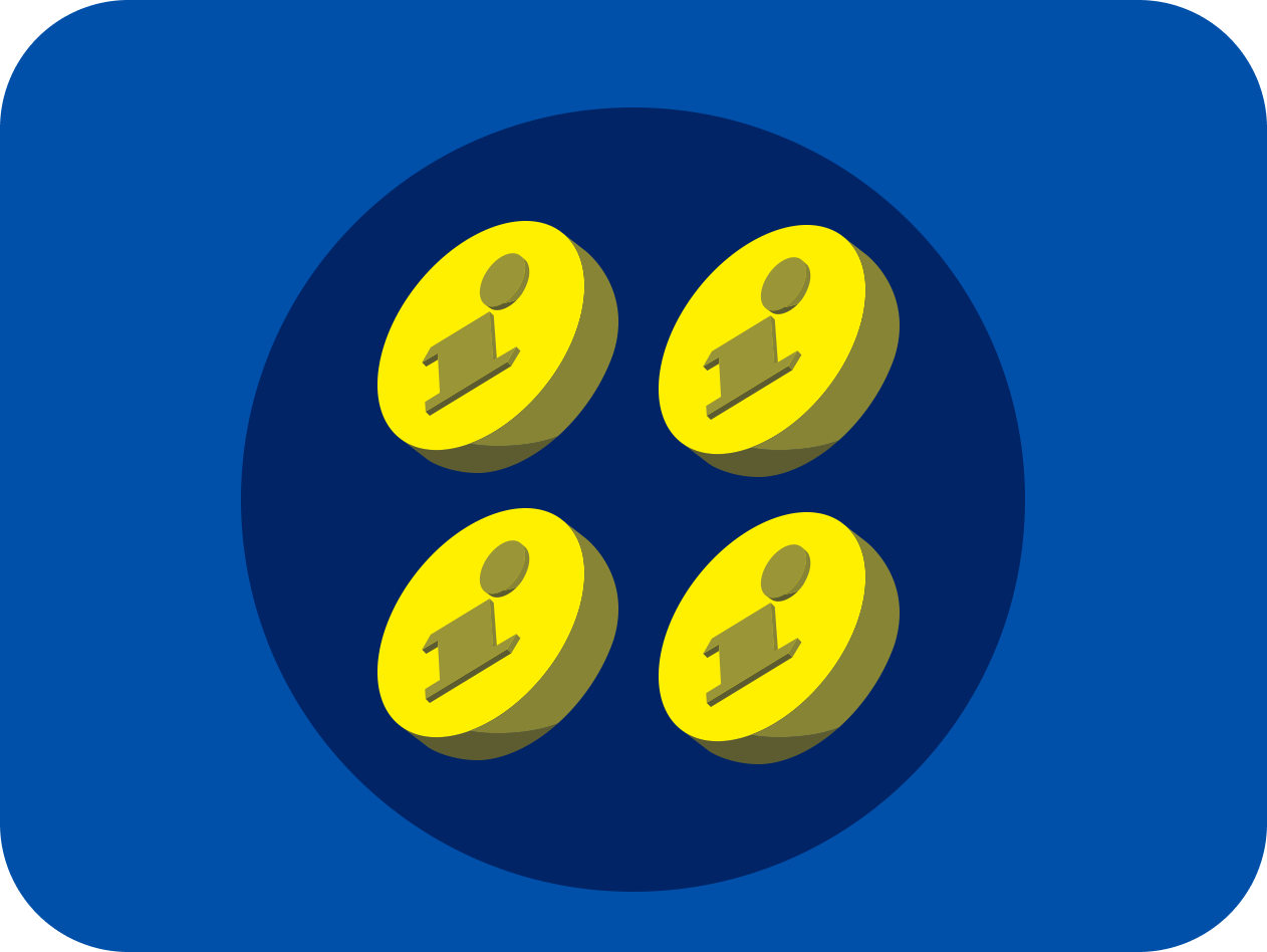 Quattro icone di informazioni 3D gialle su uno sfondo blu scuro.